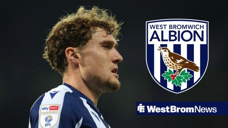 Callum Styles looking directly at a West Brom badge
