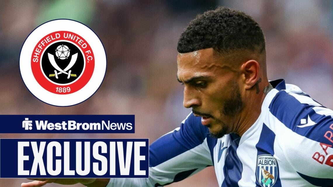 West Brom star Karlan Grant in action, Sheffield United badge in inset.