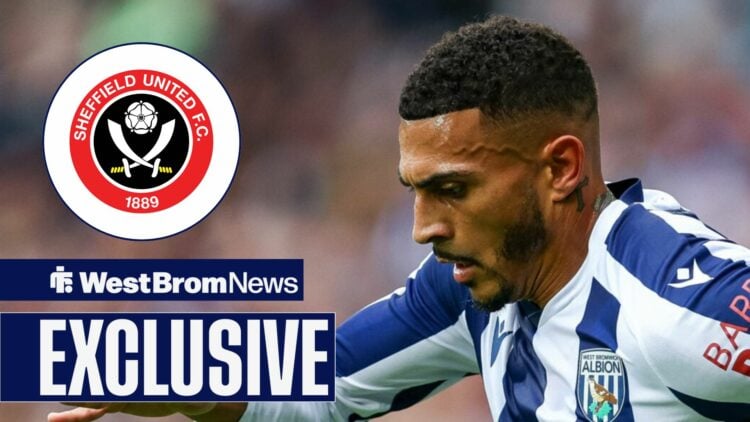 West Brom star Karlan Grant in action, Sheffield United badge in inset.