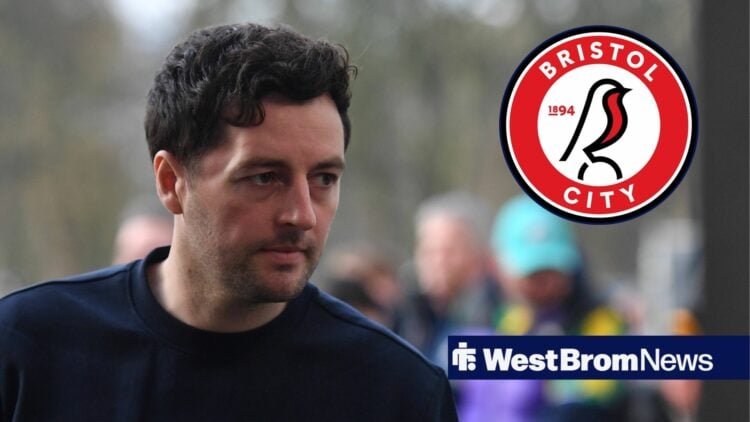 West Brom boss Ryan Mason with Bristol City badge inset