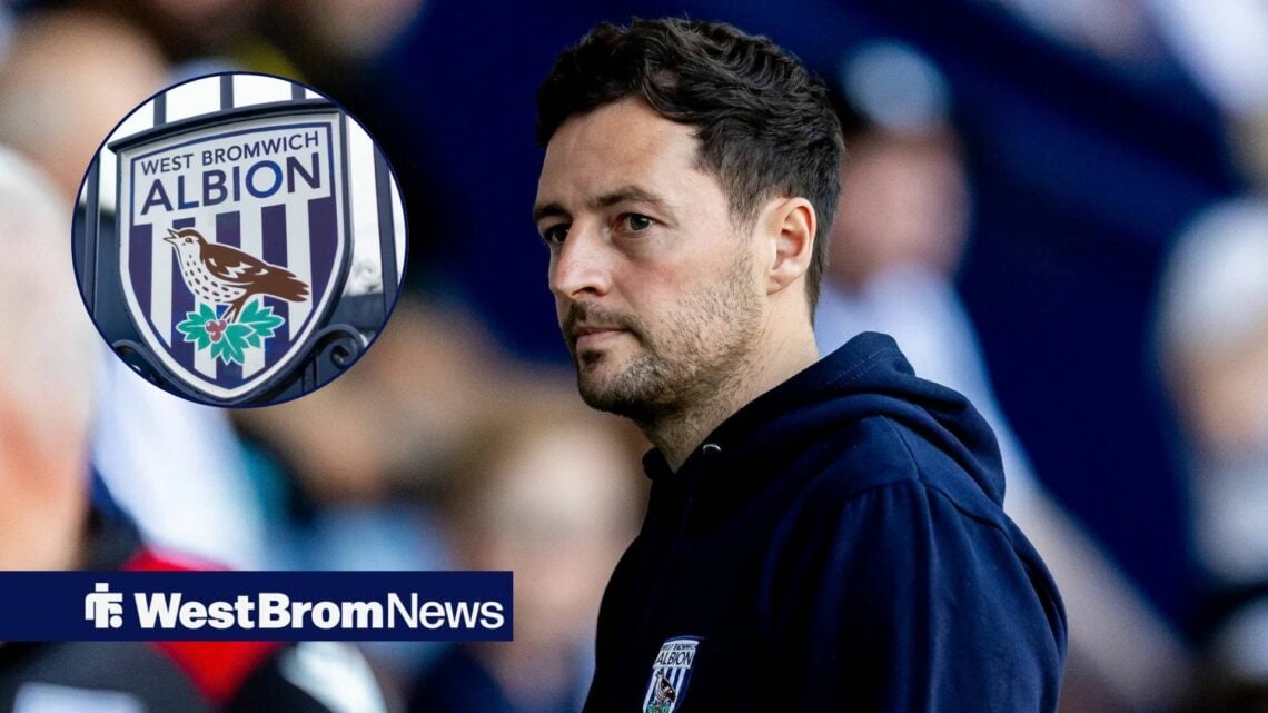 Ryan Mason looks towards a circular inset of the West Brom badge