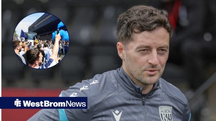 West Brom boss Ryan Mason with fans inset