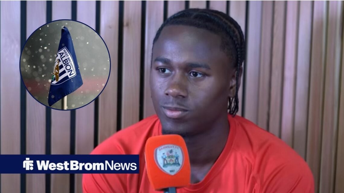 Reyes Cleary speaking during an interview, with West Brom corner flag in a circular frame inset