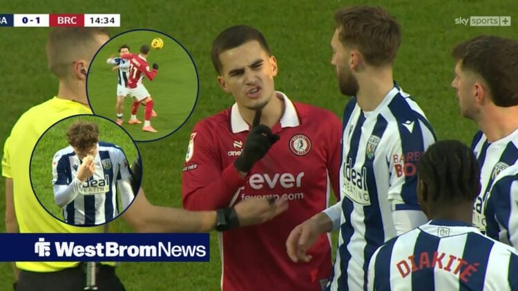 Anis Mehmeti argues with West Brom players and Callum Styles holds his nose after a elbow to the face in round overlays