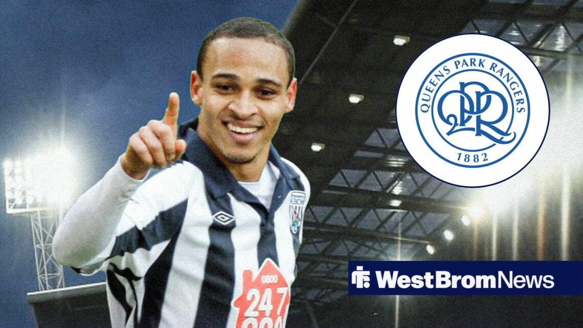 Peter Odemwingie in a West Brom shirt, QPR badge in inset.