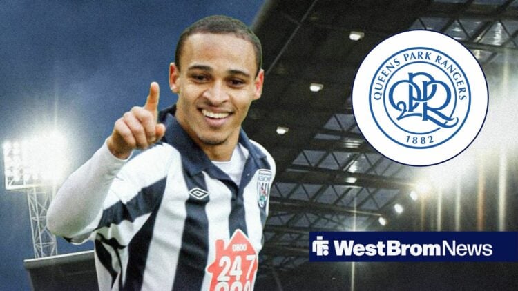 Peter Odemwingie in a West Brom shirt, QPR badge in inset.