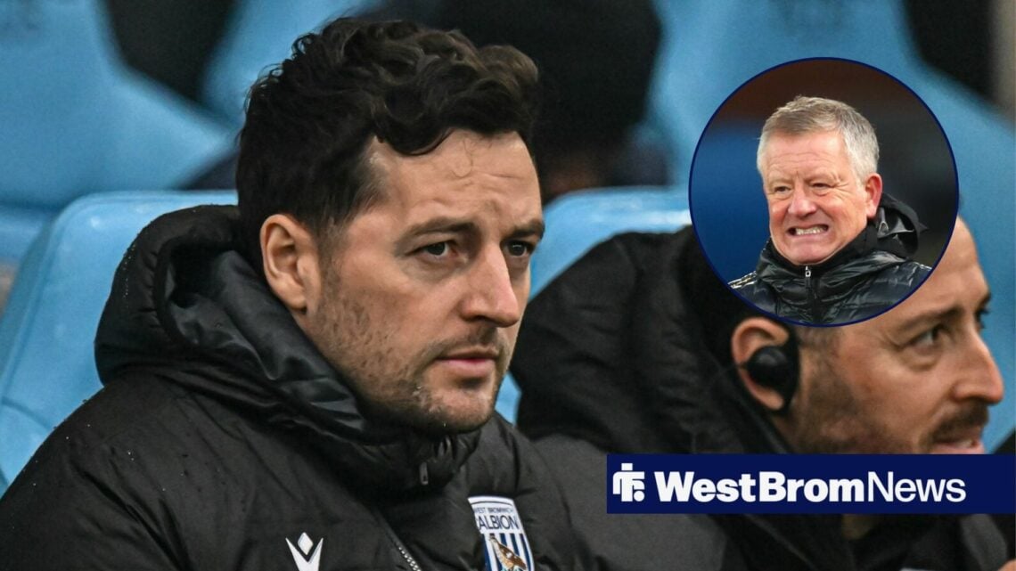 West Brom boss Ryan Mason looking moody, Chris Wilder grimacing in inset.