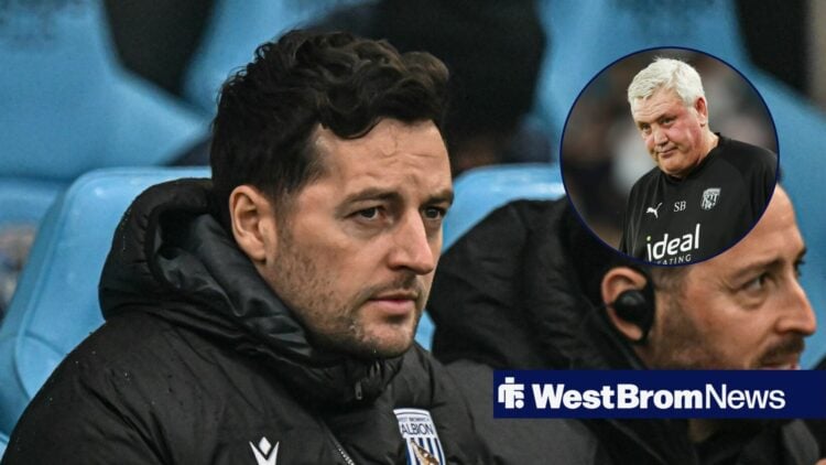 West Brom boss Ryan Mason looking concerned, Steve Bruce in inset.