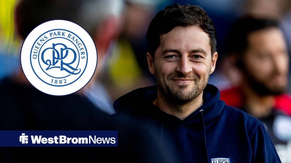 West Brom boss Ryan Mason smiling, QPR badge in inset.