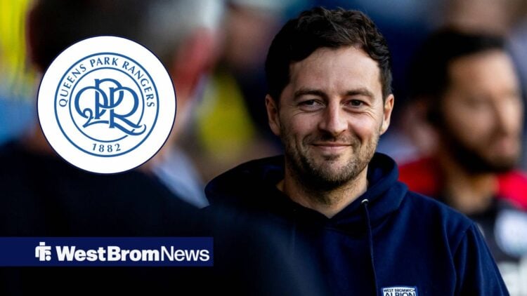 West Brom boss Ryan Mason smiling, QPR badge in inset.