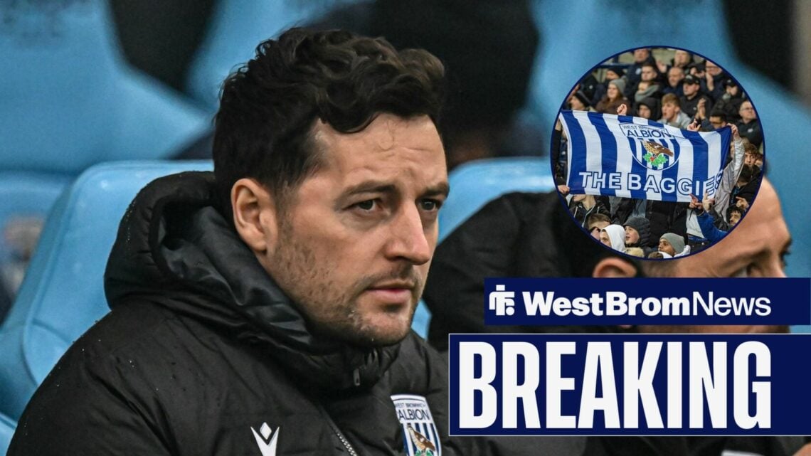 West Brom manager Ryan Mason looking nervous, West Brom fans in inset.