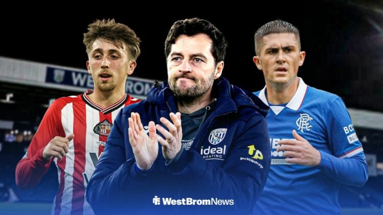 West Brom manager Ryan Mason, with Dan Neil and Bailey Rice either side of him.