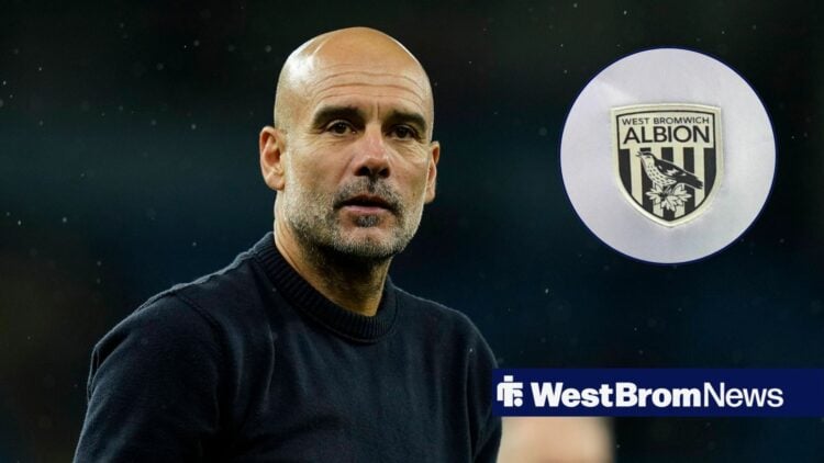 Manchester City manager Pep Guardiola and West Brom badge in circular inset