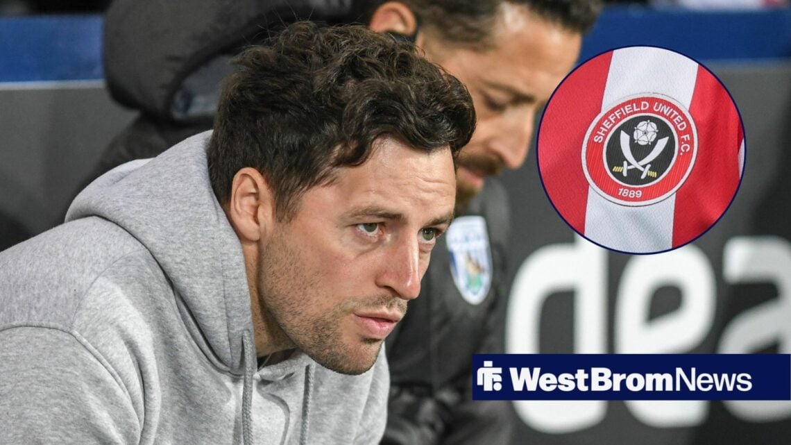 West Brom manager Ryan Mason and Sheffield United badge in circular inset