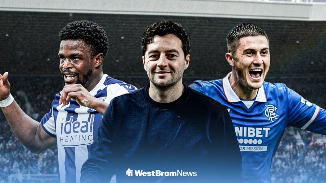 West Brom boss Ryan Mason smiling, with Josh Maja and Bailey Rice either side of him.