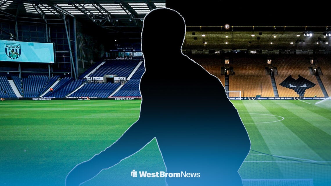 A silhouette of a player, with The Hawthorns and Molineux either side