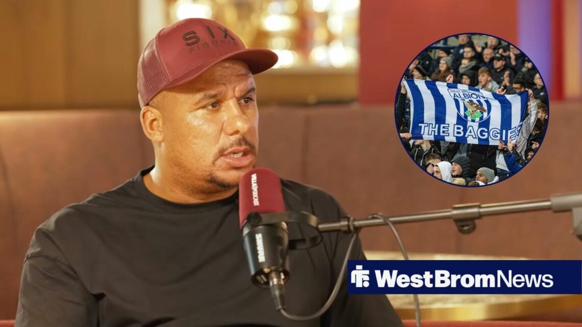 Gabby Agbonlahor with a cap on alongside a circle inset of West Brom fans holding up a flag of the badge.