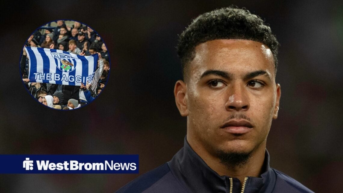 Morgan Rogers alongside a circle inset of West Brom fans.