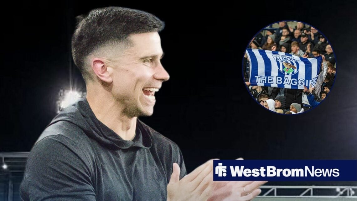 Eric Ramsay clapping alongside a circle inset of West Brom fans.