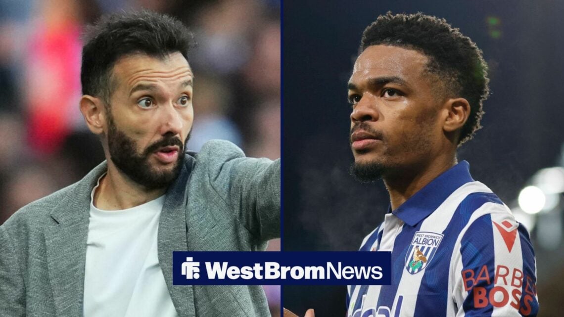 Grady Diangana in a West Brom shirt next to Carlos Corberan