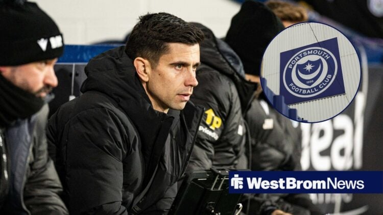 Eric Ramsay watches on, with Fratton Park in a circular frame inset