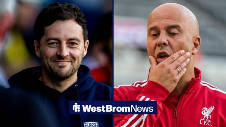 West Brom boss Ryan Mason and Liverpool manager Arne Slot.
