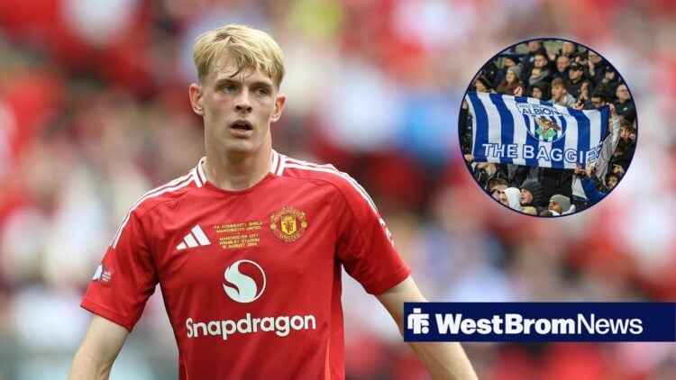 Toby Collyer in action, West Brom fans in inset.