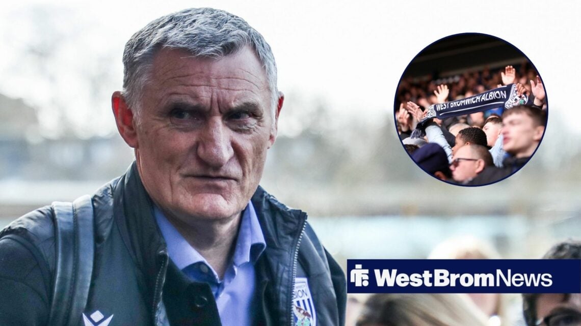 Tony Mowbray looking angry, West Brom fans in inset.