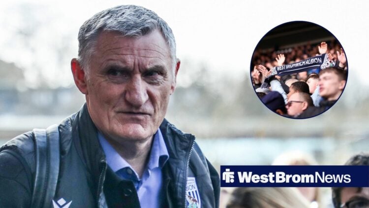 Tony Mowbray looking angry, West Brom fans in inset.