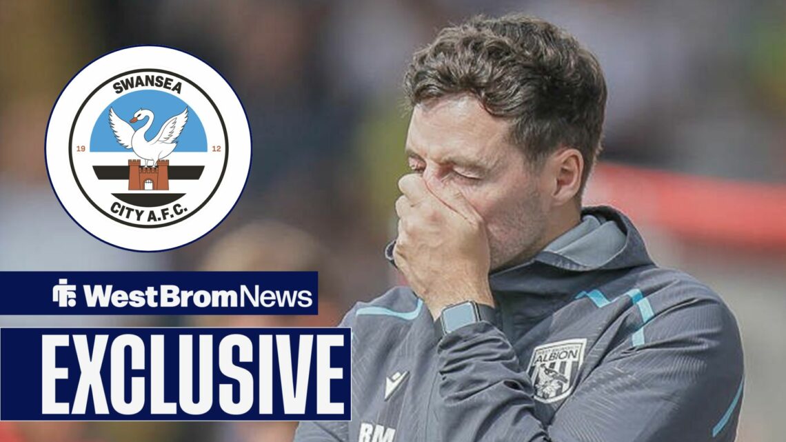 West Brom boss Ryan Mason looking gutted, Swansea badge in inset.