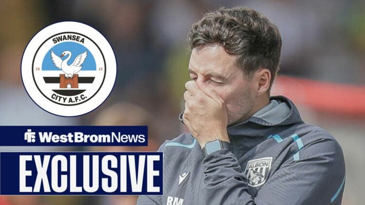 West Brom boss Ryan Mason looking gutted, Swansea badge in inset.