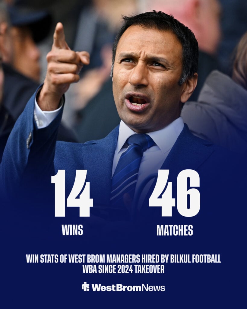 Shilen Patel and stats showing West Brom's poor win rate under managers he's hired