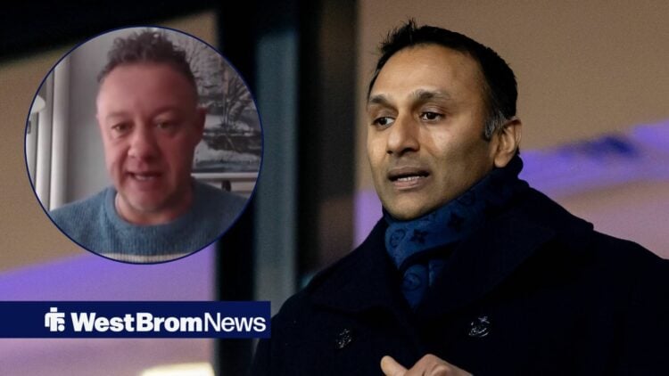 Chris Lepkowski in an inset on the left speaking while West Brom owner Shilen Patel sits in the stands and looks at him on the right.