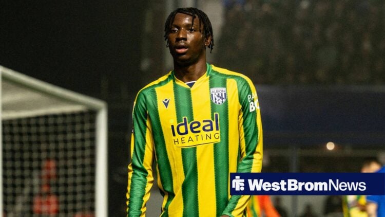 Jamaldeen Jimoh-Aloba in a West Brom away kit while playing in the Championship in February of 2026.