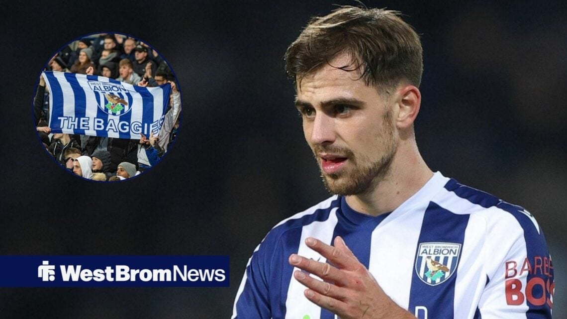 Jayson Molumby looking concerned alongside a circle inset of West Brom fans.