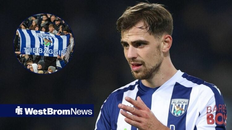 Jayson Molumby looking concerned alongside a circle inset of West Brom fans.