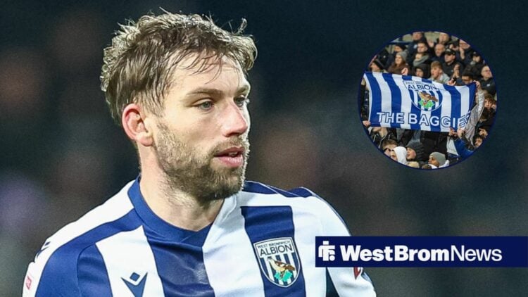 Charlie Taylor alongside a circle inset of West Brom fans.