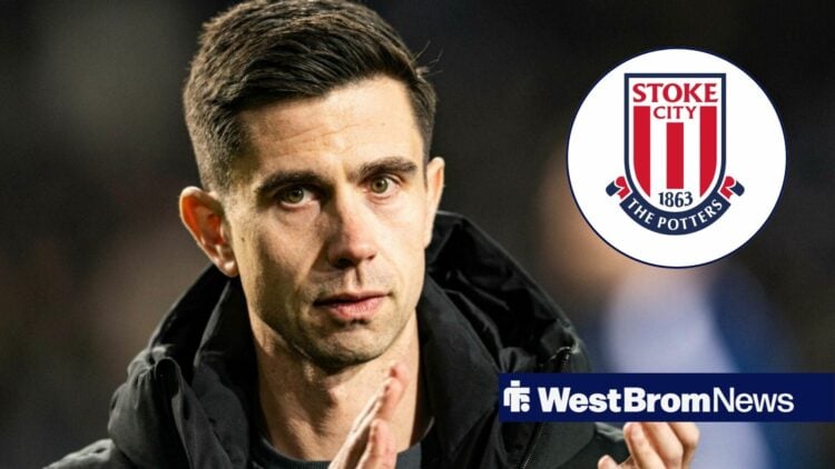 Eric Ramsay looks on with circular inset of Stoke badge