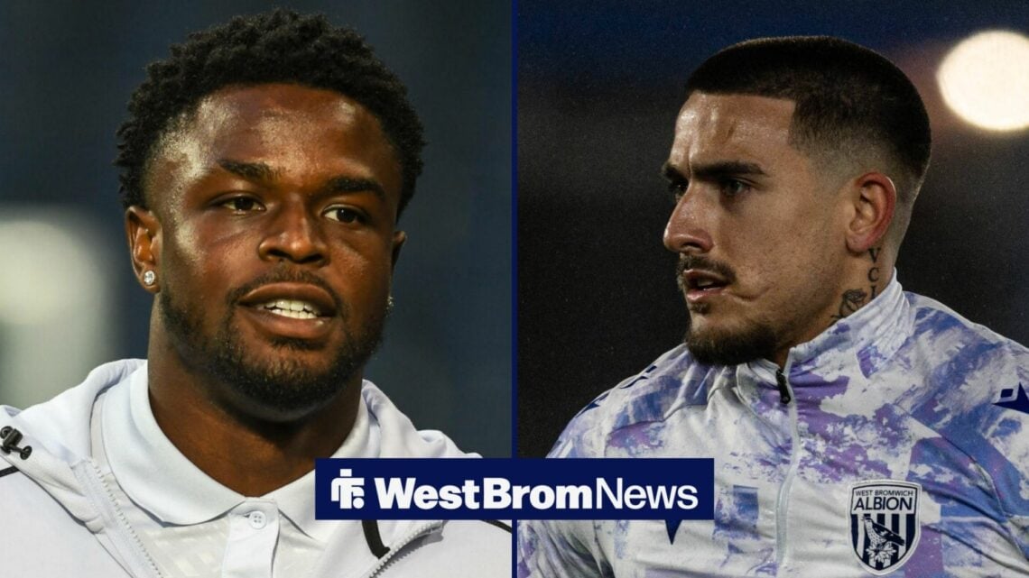 Josh Maja smiling and Danny Imray looking concerned in West Brom gear