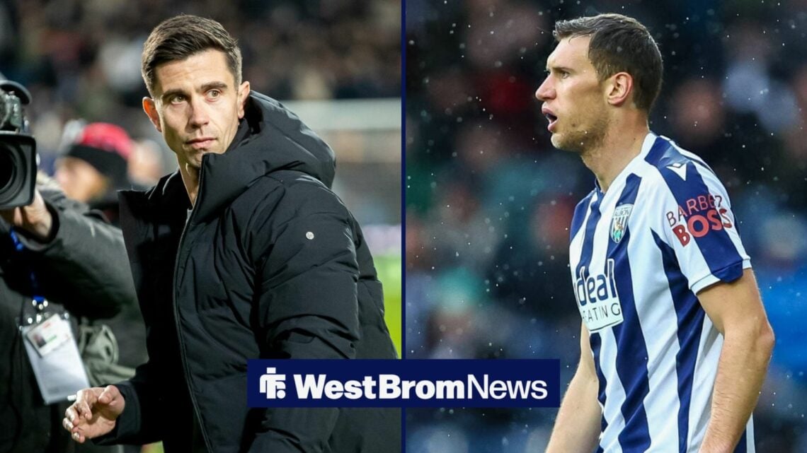 West Brom manager Eric Ramsay at The Hawthorns for a Championship game in a 50:50 image of Krystian Bielik in action for West Brom.