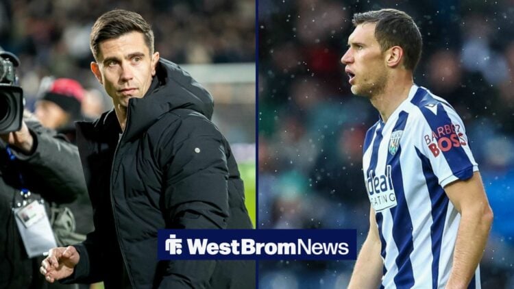 West Brom manager Eric Ramsay at The Hawthorns for a Championship game in a 50:50 image of Krystian Bielik in action for West Brom.