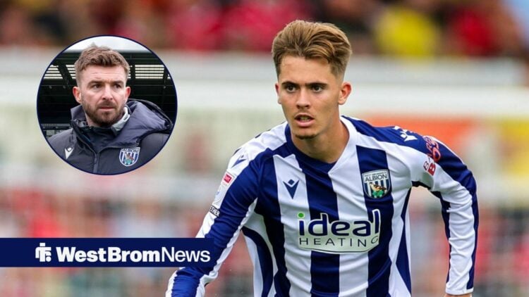 Isaac Price in action for West Brom, interim boss James Morrison looking unhappy.