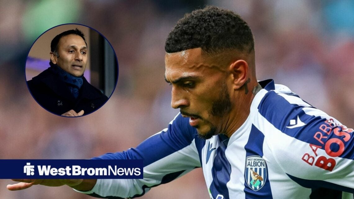 West Brom ace Karlan Grant in action, owner Shilen Patel in inset.