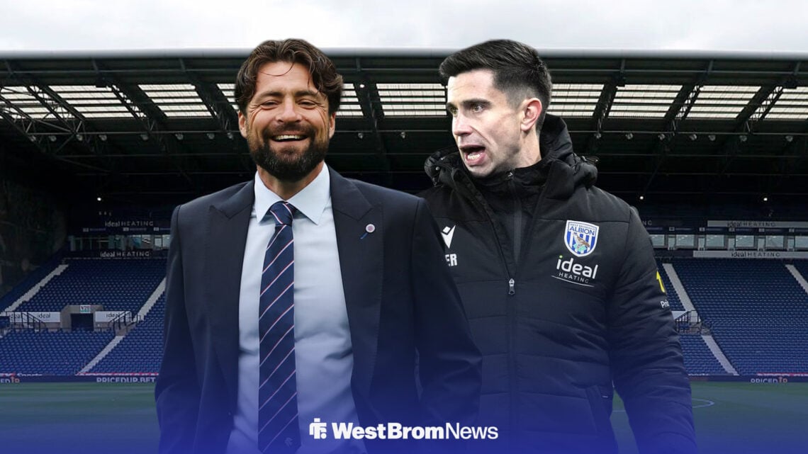 Russell Martin smiling alongside Eric Ramsay looking concerned with The Hawthorns in the background.