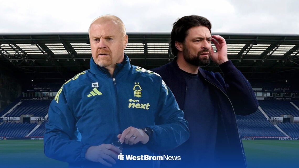 Sean Dyche and Russell Martin look on, with The Hawthorns behind them