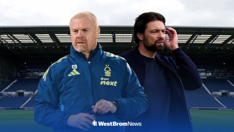 Sean Dyche and Russell Martin look on, with The Hawthorns behind them