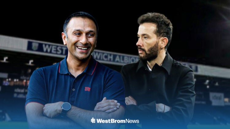 Carlos Corberan and Shilen Patel side-by-side, with The Hawthorns behind them