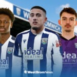 Danny Imray, Max O'Leary and Jamaldeen Jimoh-Aloba for West Brom with The Hawthorns background