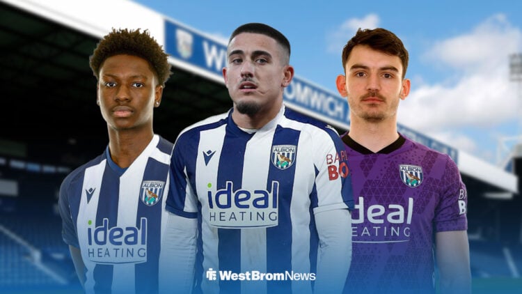 Danny Imray, Max O'Leary and Jamaldeen Jimoh-Aloba for West Brom with The Hawthorns background