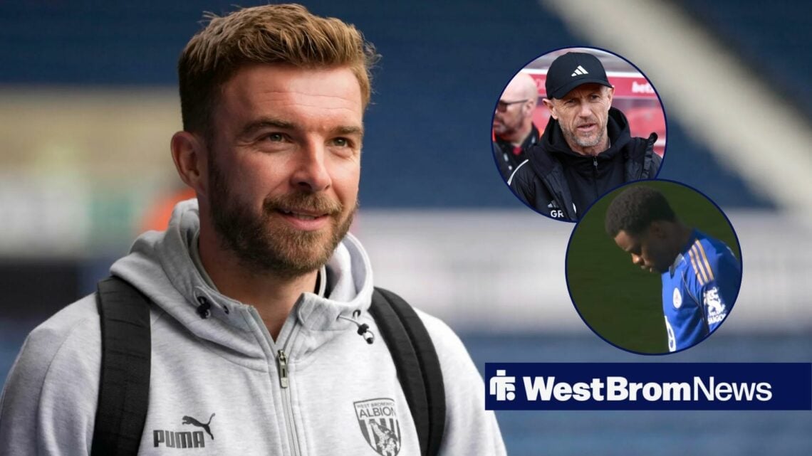 James Morrison smiling at West Brom looking towards circle insets of Gary Rowett and Stephy Mavididi at Leicester City